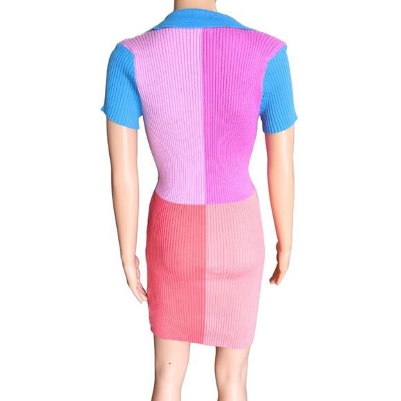 Dee Elly Pink Color Block Ribbed Collared Mini Dress Small - Picture 6 of 7